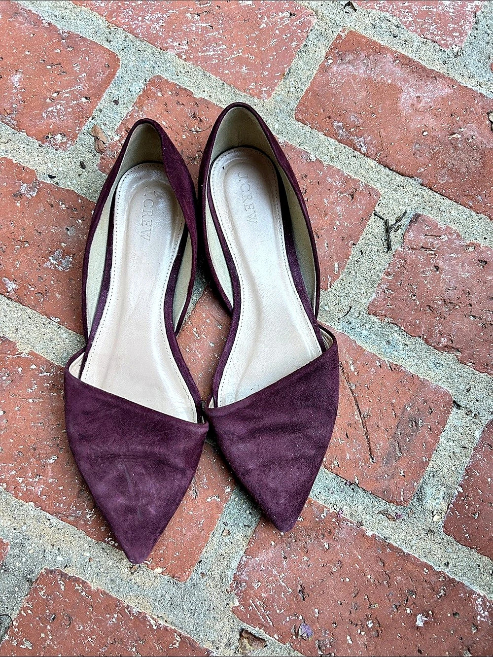 J.Crew Pointed Toe D'Orsay Suede Flats in wine dark burgundy color US 9 1/2.